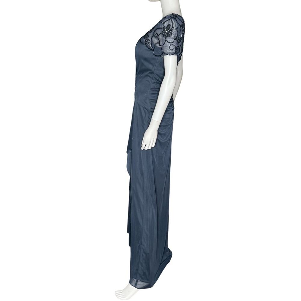 XSCAPE Beaded Illusion-Trim Side-Ruched Gown Charcoal Women’s NWT - Picture 6 of 14